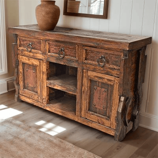 Wooden sideboard with rustic design in a room setting