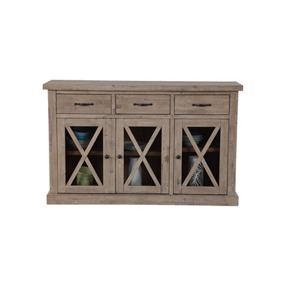Wooden sideboard with glass doors and drawers on a white background