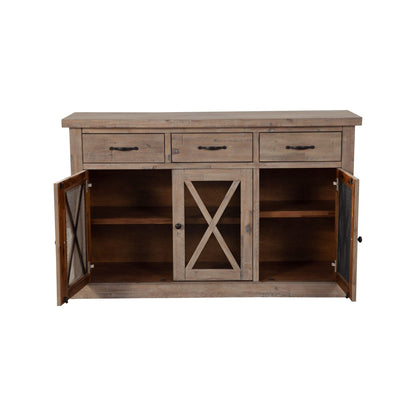 Wooden sideboard with open doors on a white background