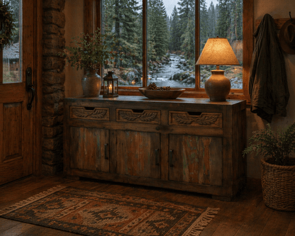 Wooden sideboard with decorative items in a room with large windows showing a forest view.