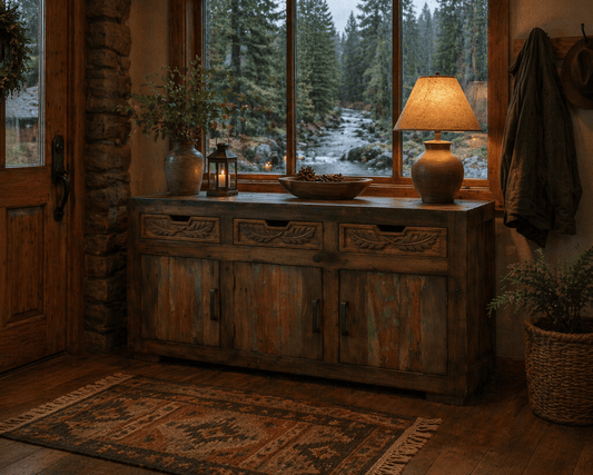 Wooden sideboard with decorative items in a room with large windows showing a forest view.