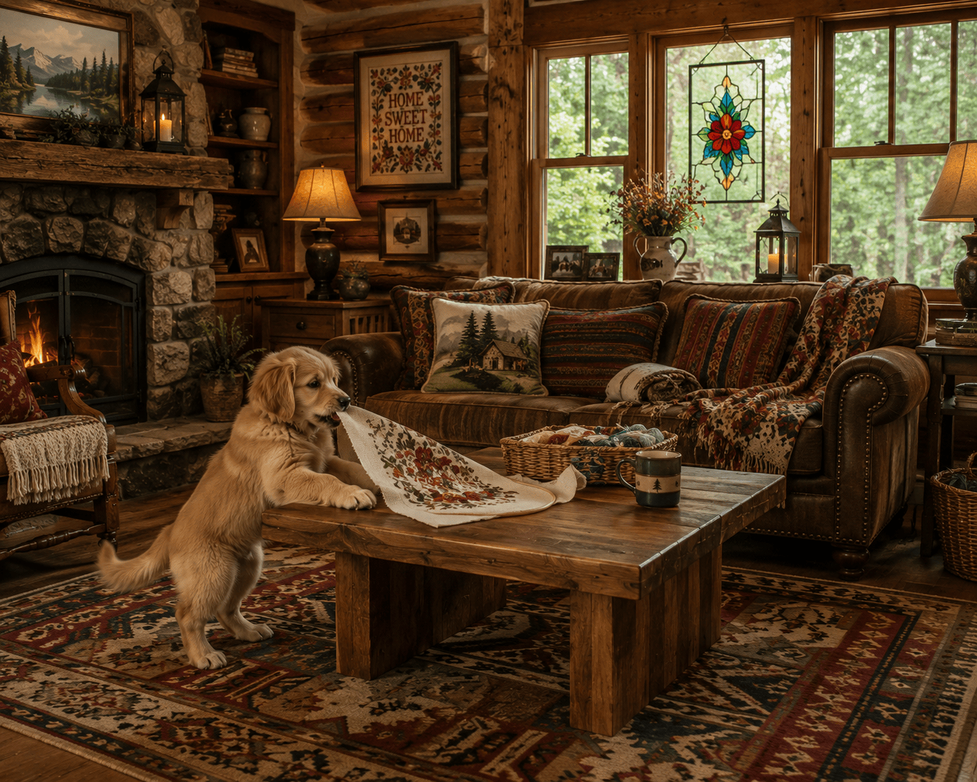 Cozy rustic cabin living room with a stone fireplace, colorful rugs and throws, stained-glass window, cross-stitch wall art, and a Golden Retriever puppy standing on its hind legs trying to pull a cross-stitch project from a rustic wood coffee table.