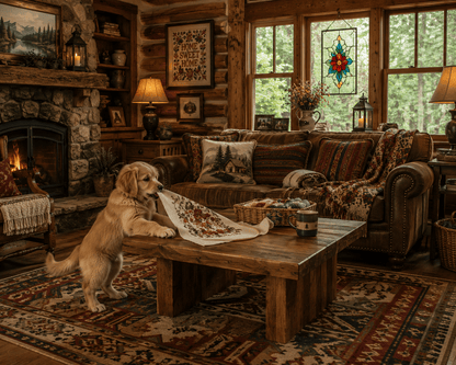 Cozy rustic cabin living room with a stone fireplace, colorful rugs and throws, stained-glass window, cross-stitch wall art, and a Golden Retriever puppy standing on its hind legs trying to pull a cross-stitch project from a rustic wood coffee table.