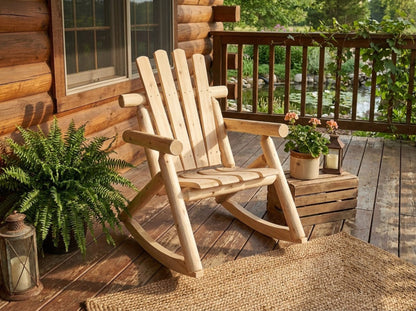Wooden rocking chair on a wooden deck with a log cabin and lake view.