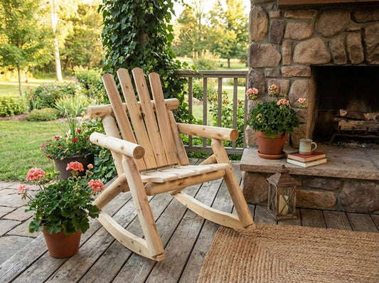 Wooden rocking chair on a wooden deck with potted plants and a stone fireplace.