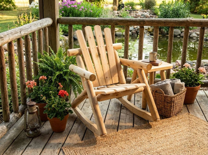 Wooden rocking chair on a deck with plants and a view of a pond.