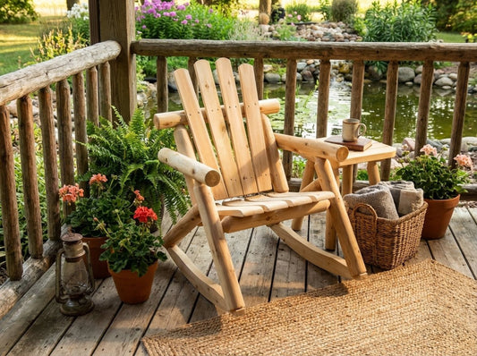 Wooden rocking chair on a deck with plants and a view of a pond.