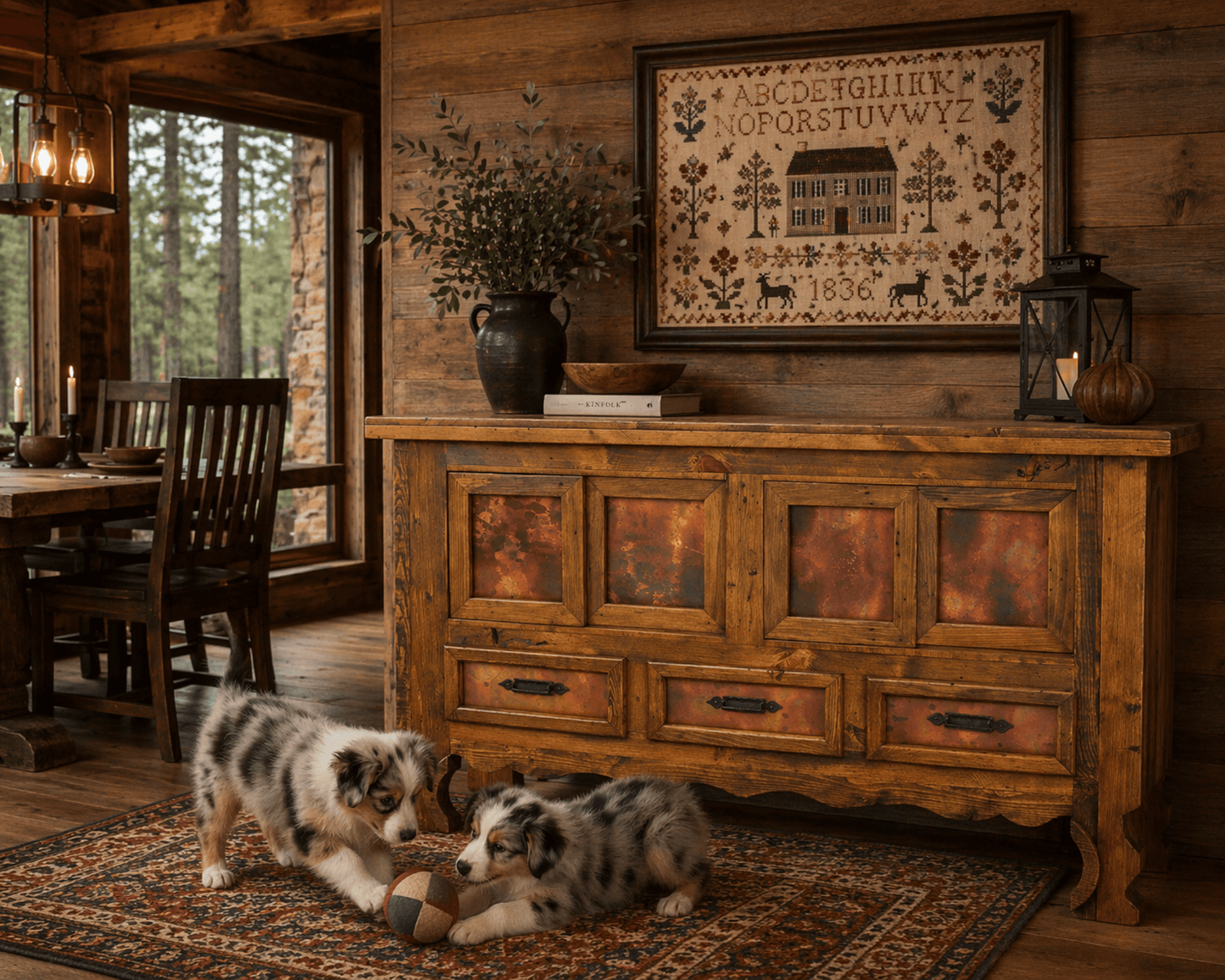 Two dogs playing with a toy on a rug in a rustic cabin setting.