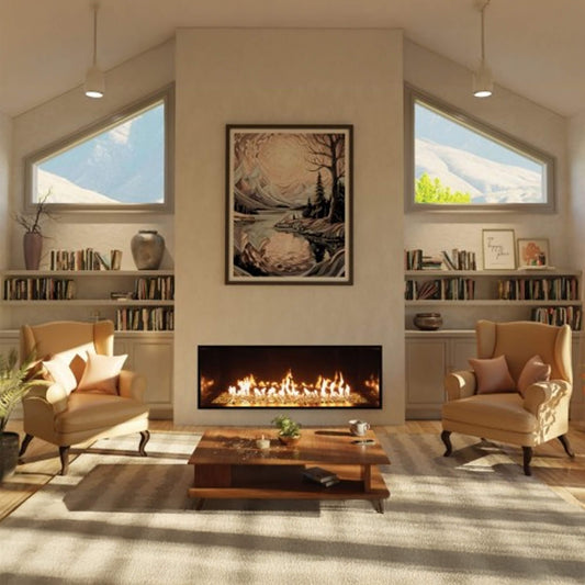 Cozy living room featuring a Summit 72-Inch Linear Fireplace With Bedrock, warm lighting, and comfortable seating.